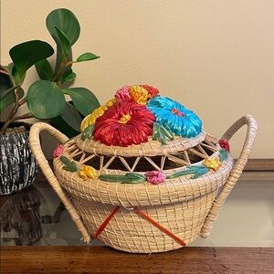 Vintage Raffia Italian Floral Woven Sewing Basket with Lid